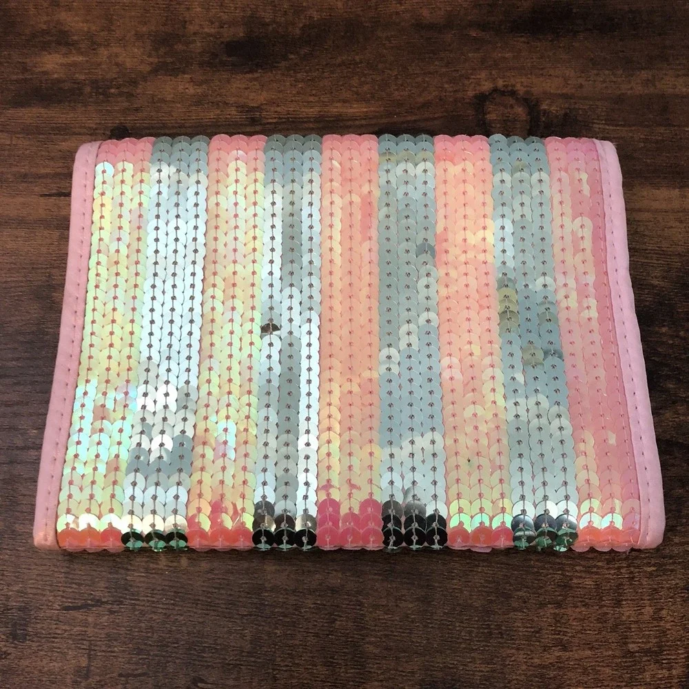 Mally Cosmetic Makeup Bag‎ Pink Grey Striped Sequins Barbie Datenight